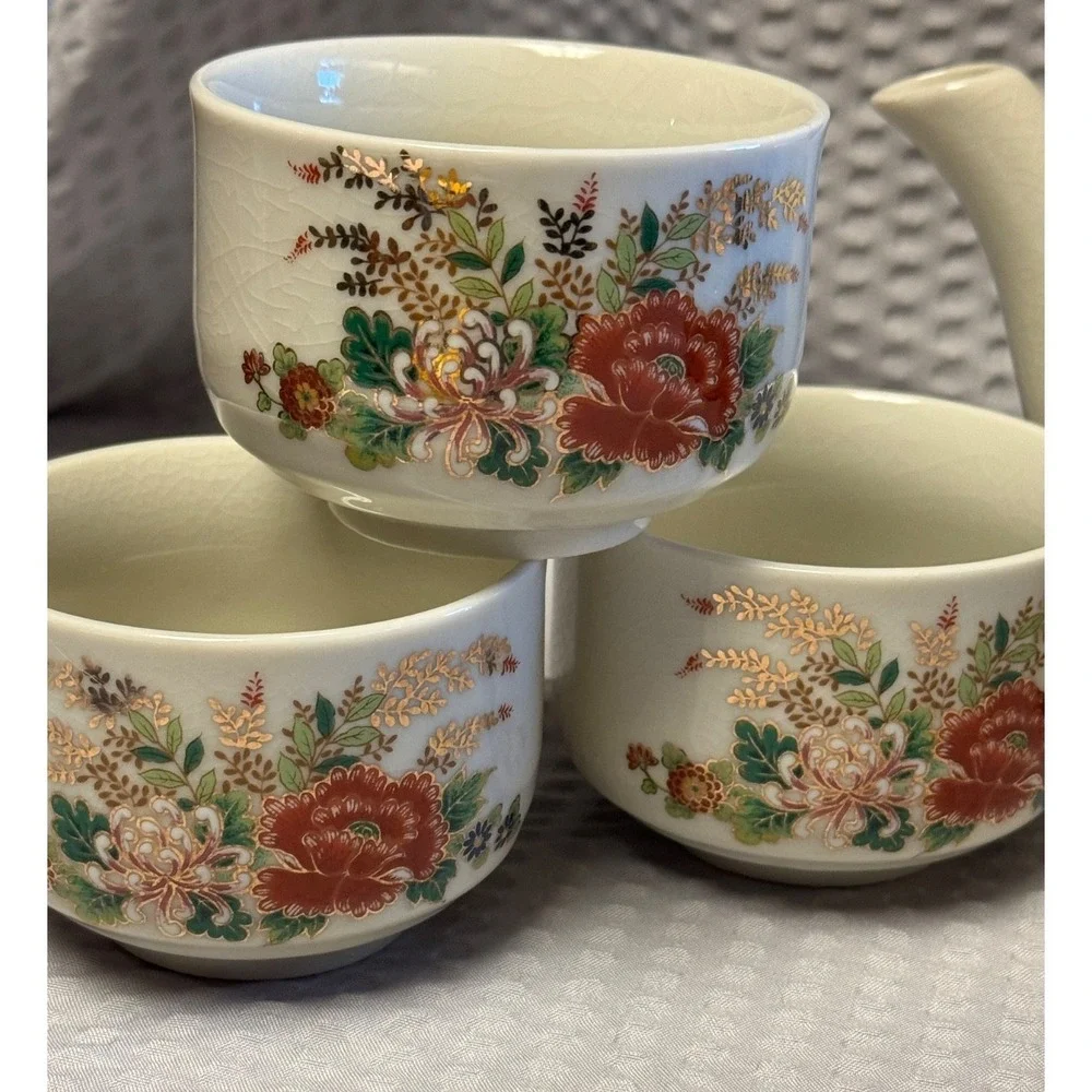 Vintage 8 Piece Japanese Made Floral Tea Set, Teapot With Lid And‎ 6 Tea Cups